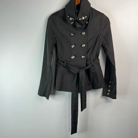 BLACK RIVET Double Breasted Short Trench Coat Jacket Black Sash Tie Belt Size M - Picture 14 of 14